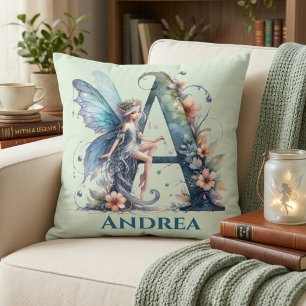 Monogram Letter A With Name Fairy Cushion
