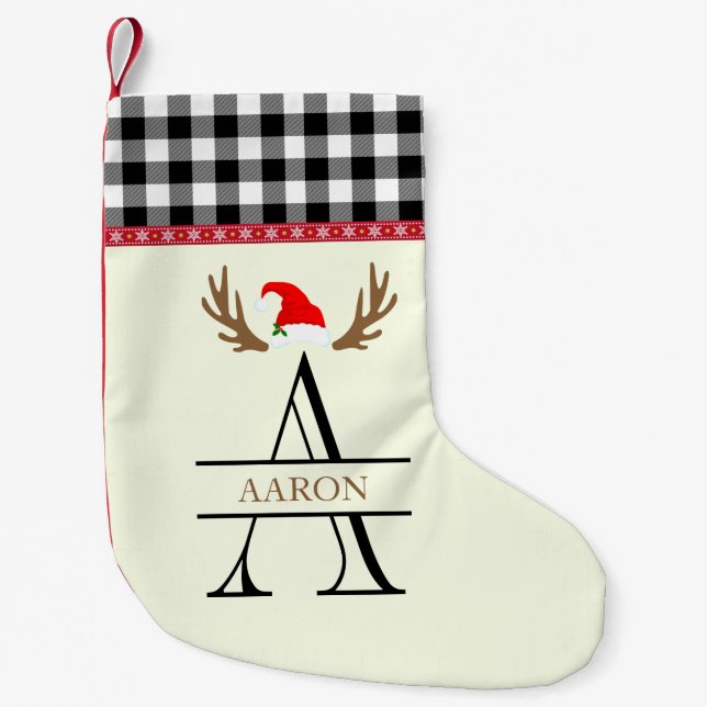  Monogram Letter A Xmas Name White Black Tartan  Small Christmas Stocking (Front)