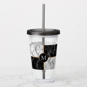 Monogram Letter Acrylic Tumbler Black White Marble