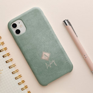 Monogram letter and script name sage leather iPhone 16 case