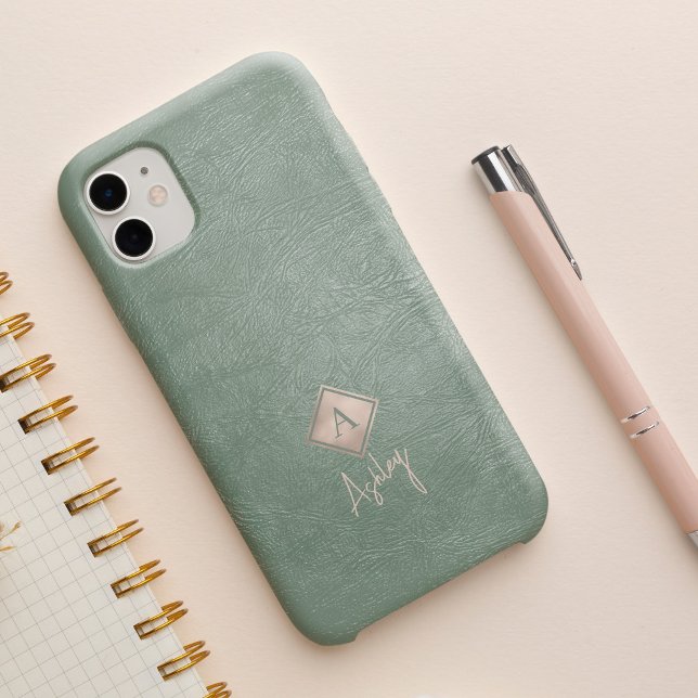 Monogram letter and script name sage leather iPhone 16 case (Creator Uploaded)