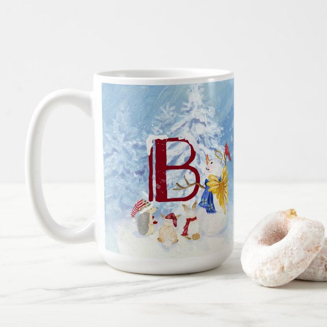 Monogram Letter B Angel Snowman Merry Christmas Coffee Mug (With Donut)