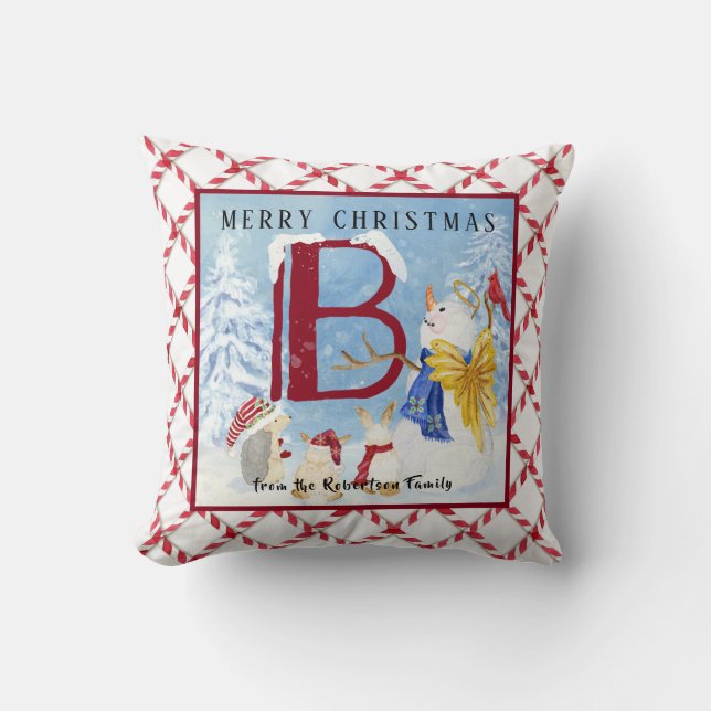 Monogram Letter B Angel Snowman Merry Christmas Cushion (Front)