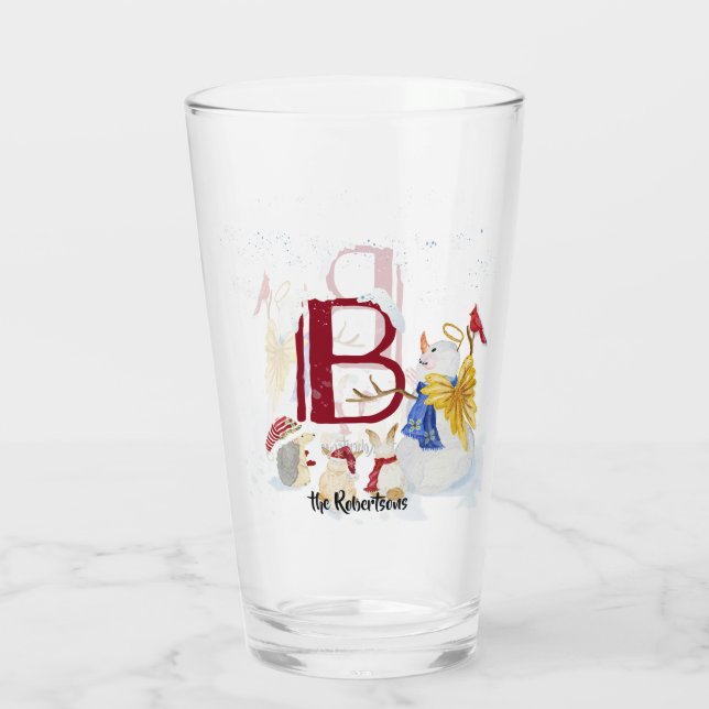 Monogram Letter B Angel Snowman Merry Christmas Glass (Back)