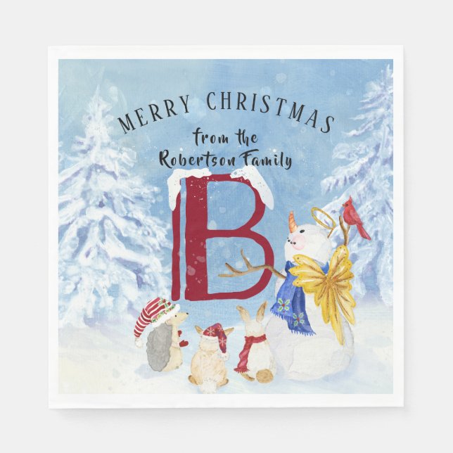 Monogram Letter B Angel Snowman Merry Christmas Napkin (Front)