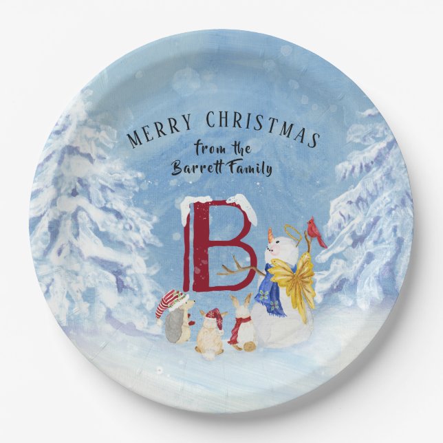 Monogram Letter B Angel Snowman Merry Christmas Paper Plate (Front)