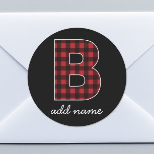 Monogram Letter B - buffalo plaid red black Classic Round Sticker