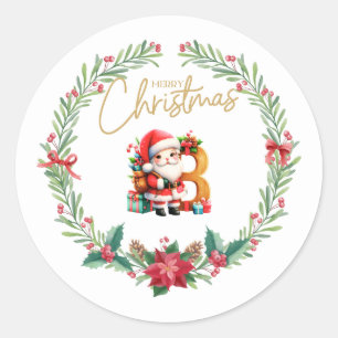 Monogram letter B, Christmas Wreath w/ Santa Claus Classic Round Sticker