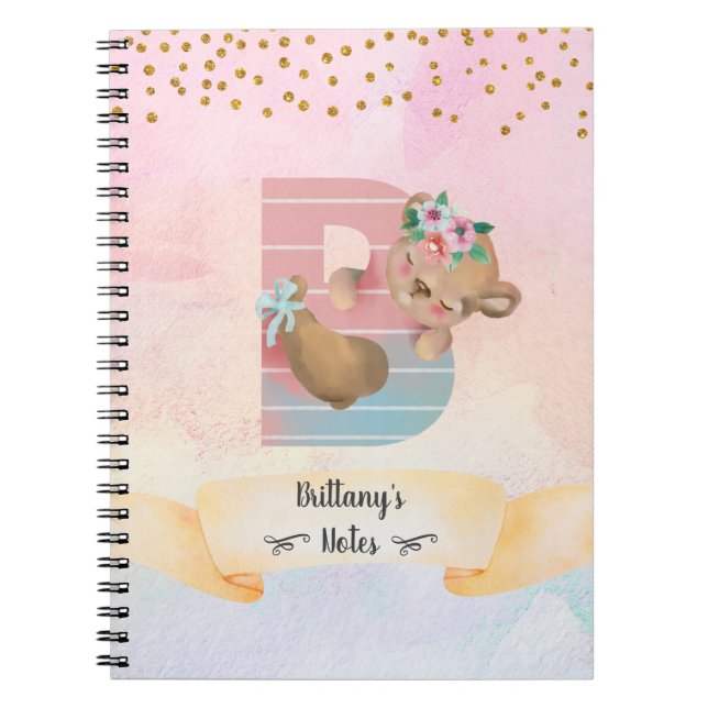 Monogram Letter B Cute Baby Bear Girl Daily Diary Notebook (Front)