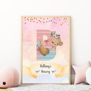 Monogram Letter B Cute Bear Girly Nursery Poster