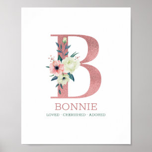 Monogram Letter B Pink Watercolor Floral Nursery Poster
