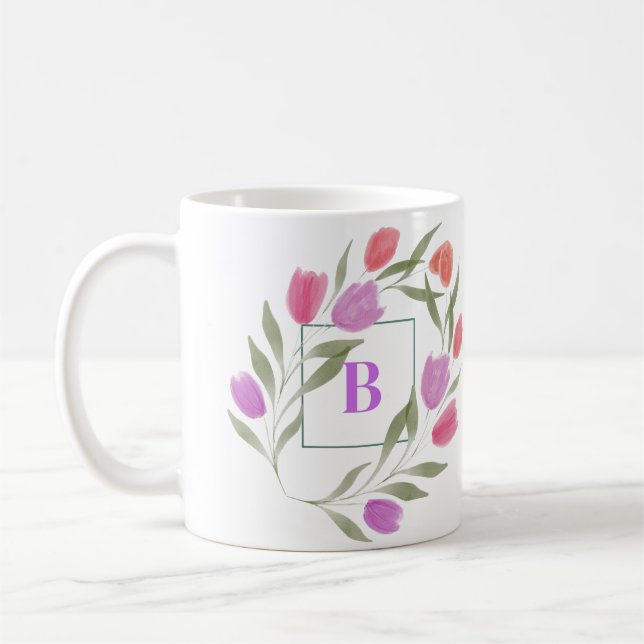Monogram Letter B Purple & White with flowers   Coffee Mug (Left)
