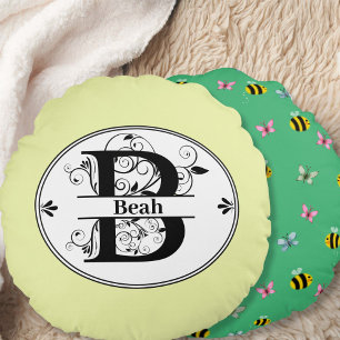 Monogram letter B with Cute backside pattern Round Cushion