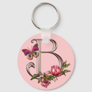 MONOGRAM LETTER B WITH ROSES AND BUTTERFLY KEY RING