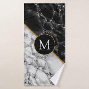 Monogram Letter Bath Towels Black White Marble