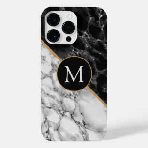 Monogram Letter Black White Marble Personalized iPhone 14 Pro Max Case