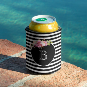 Monogram Letter Black & White Stripes Personalised Can Cooler