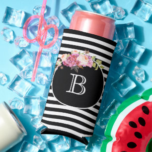 Monogram Letter Black & White Stripes Seltzer Can Cooler