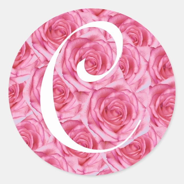 Monogram Letter C Pink Roses Sticker (Front)