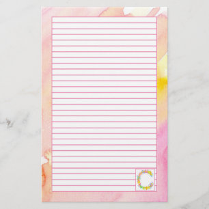 Monogram Letter C Pink Watercolor Flowers Lined Stationery