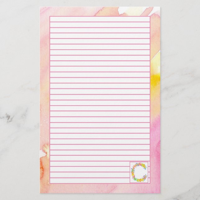 Monogram Letter C Pink Watercolor Flowers Lined Stationery (Front)