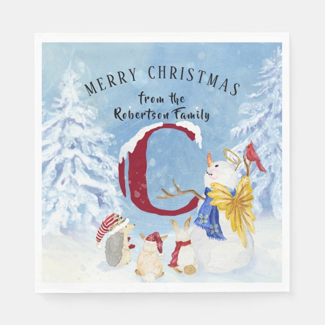 Monogram Letter C Snowy Christmas Angel Snowman Napkin (Front)