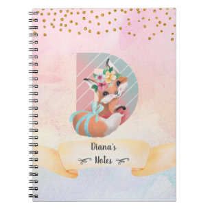 Monogram Letter D Baby Fox Girl Daily Diary Notebook