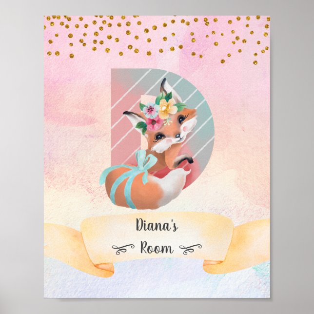 Monogram Letter D Baby Fox Girl Pink Nursery Decor (Front)