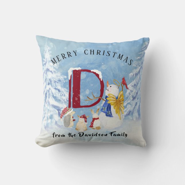 Monogram Letter D Cute Angel Snowman Christmas Cushion (Front)