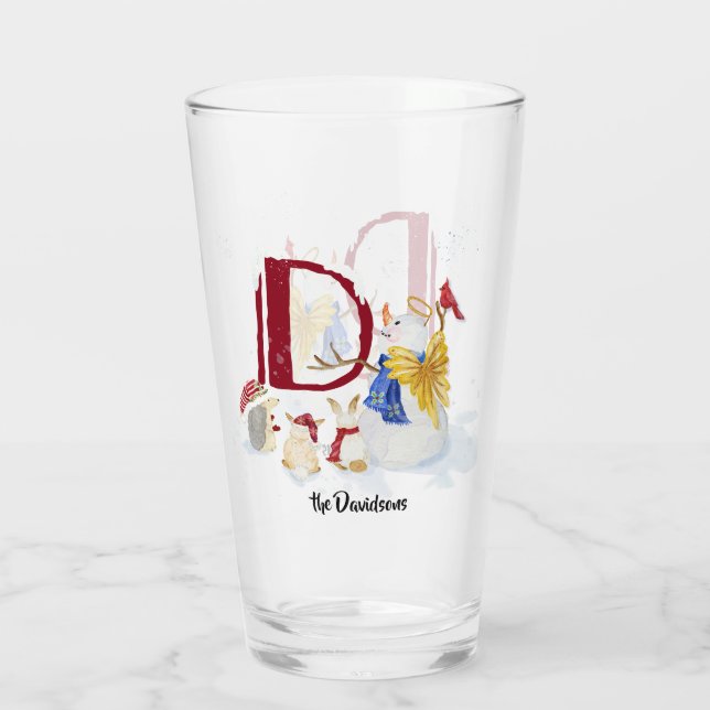 Monogram Letter D Cute Angel Snowman Christmas Glass (Back)