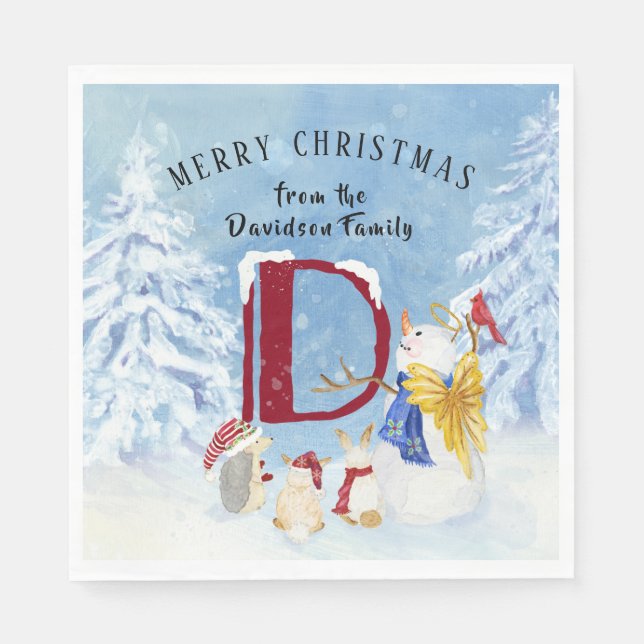 Monogram Letter D Cute Angel Snowman Christmas Napkin (Front)
