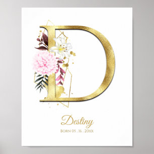 Monogram Letter D Gold Foil & Pink Floral Nursery Poster