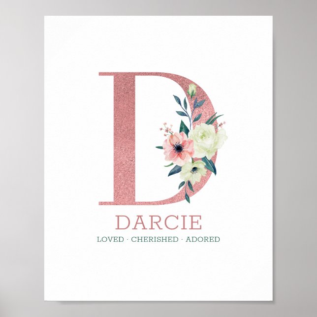 Monogram Letter D Pink Watercolor Floral Nursery Poster (Front)