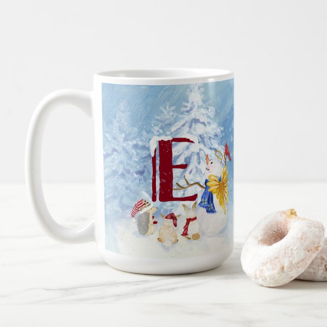 Monogram Letter E Christmas Snowman Angel Woodland Coffee Mug (With Donut)