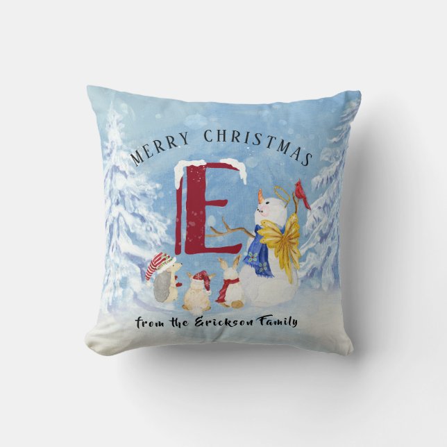 Monogram Letter E Christmas Snowman Angel Woodland Cushion (Front)