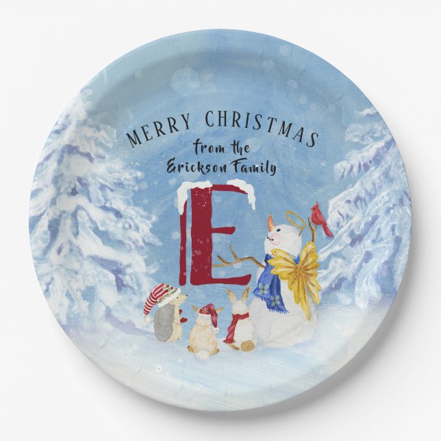 Monogram Letter E Christmas Snowman Angel Woodland Paper Plate (Front)