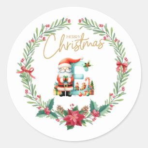 Monogram letter E, Christmas Wreath w/ Santa Claus Classic Round Sticker