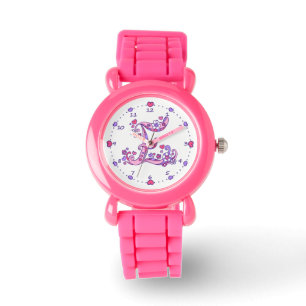 Monogram letter E doodle heart girls watch
