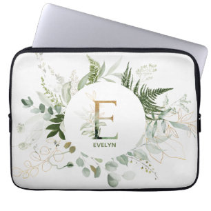 Monogram Letter E Green Foliage Laptop Sleeve