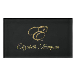 Monogram Letter E Horse in gold glitter Name Tag