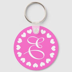 Monogram letter E keychain with white love hearts
