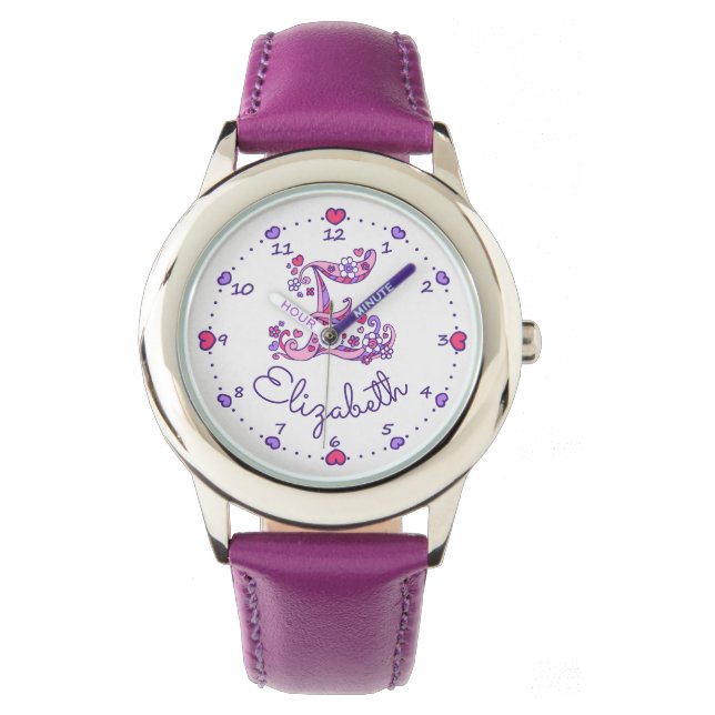 Monogram letter E personalised girls name watch (Front)