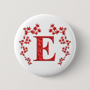 Monogram Letter E Red Leaves 6 Cm Round Badge