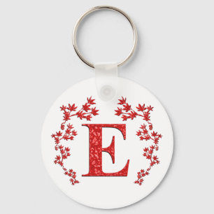 Monogram Letter E Red Leaves Key Ring