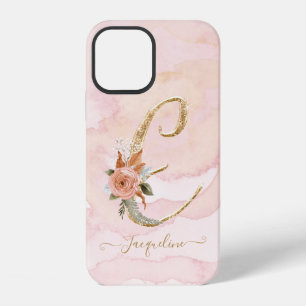 Monogram Letter E Script Gold Watercolor Floral iPhone 12 Case