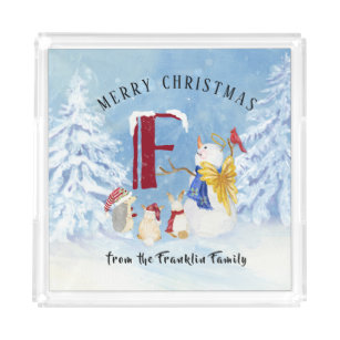 Monogram Letter F Adorable Angel Snowman Forest Acrylic Tray