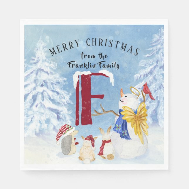 Monogram Letter F Adorable Angel Snowman Forest Napkin (Front)
