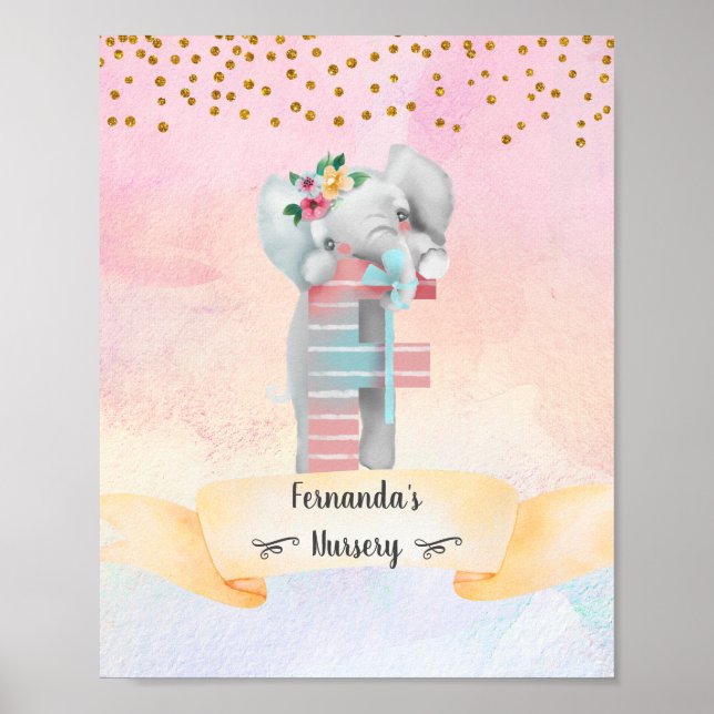 Monogram Letter F Baby Elephant Girl Nursery Poster (Front)