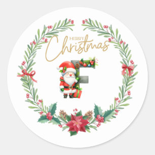 Monogram letter F, Christmas Wreath w/ Santa Claus Classic Round Sticker