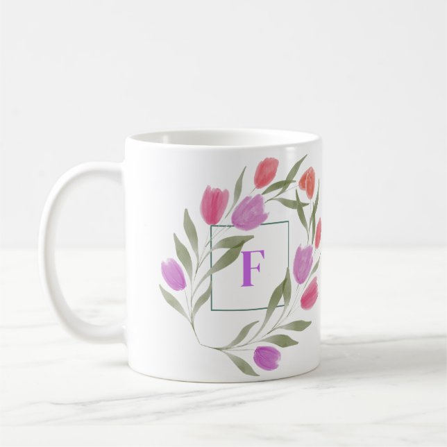 Monogram Letter F Purple & White with flowers   Coffee Mug (Left)